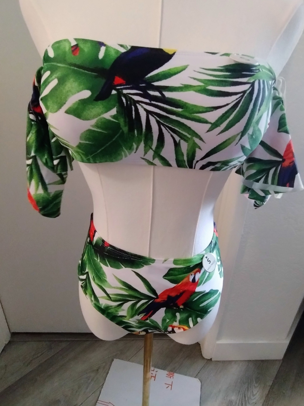 Forever 21 White Tropical Leaf & Parrot Off-Shoulder Bikini Top & Bottoms